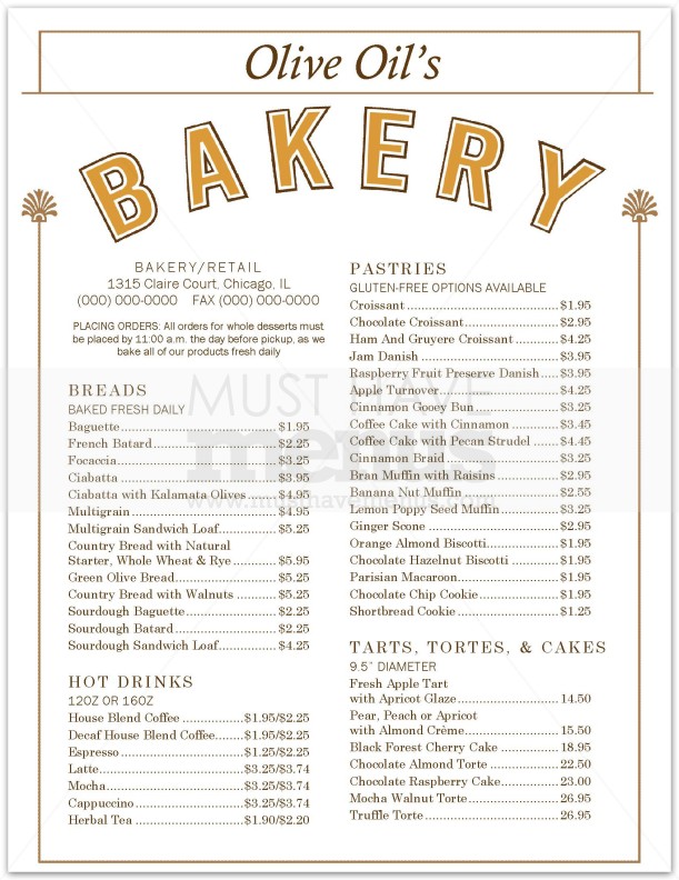 Bakery Menu Page 1