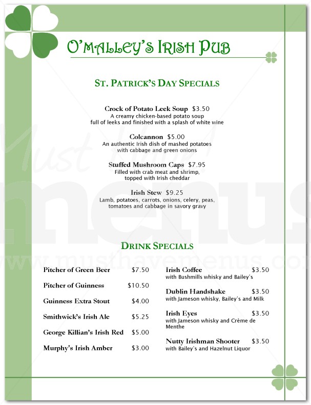 Menu for St Patricks Day | page 1