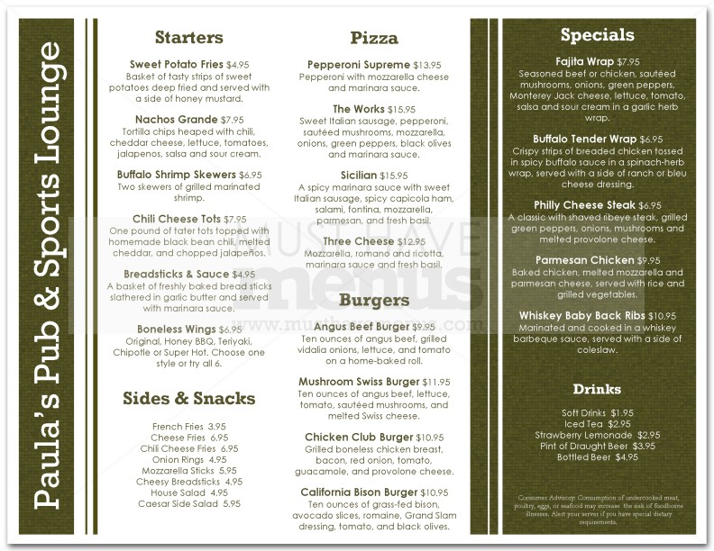 Sports Lounge Menu Page 1