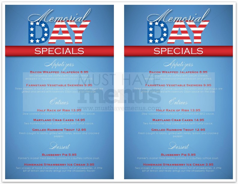 Memorial Day Specials Menu Page 1