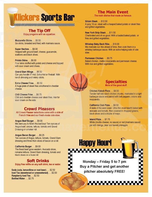 Sports Bar Basketball Menu | page 1