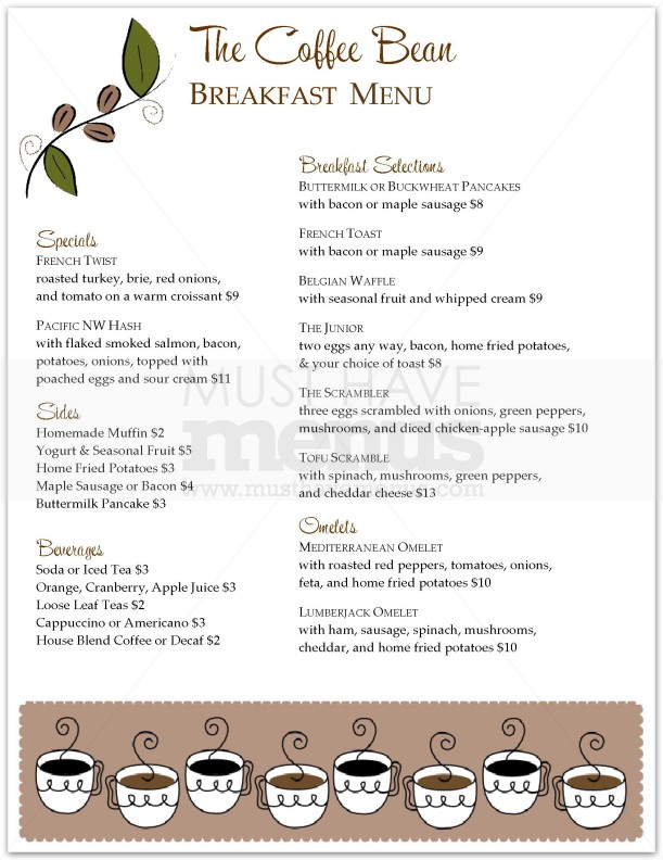 Coffee Bean Breakfast Menu | page 1