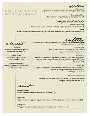 Light Fine Dining Menu