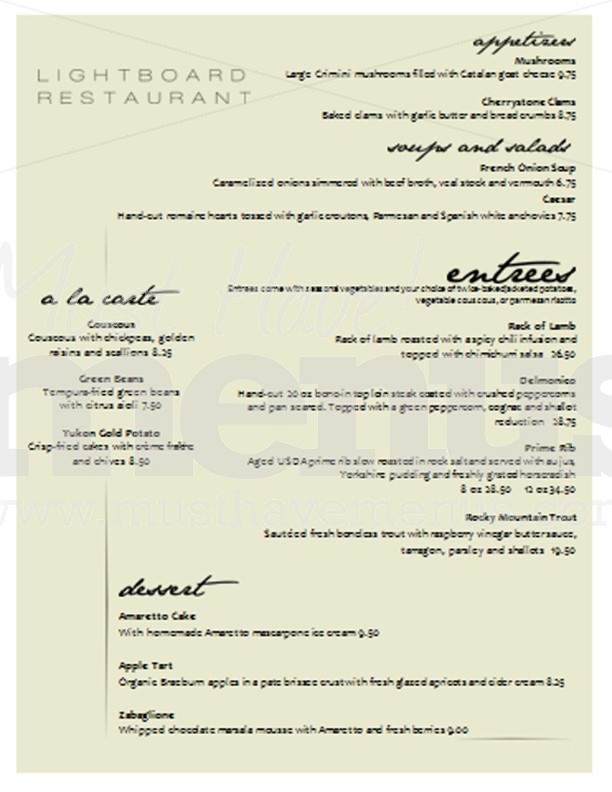 Light Fine Dining Menu | Page 1