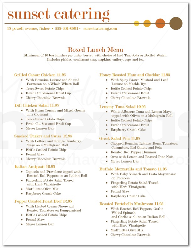 Menu for Box Lunch Catering | page 1