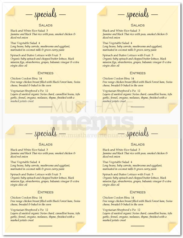 Dinner Special Mini Menu | page 1