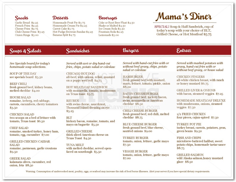 The Diner Menu | page 1