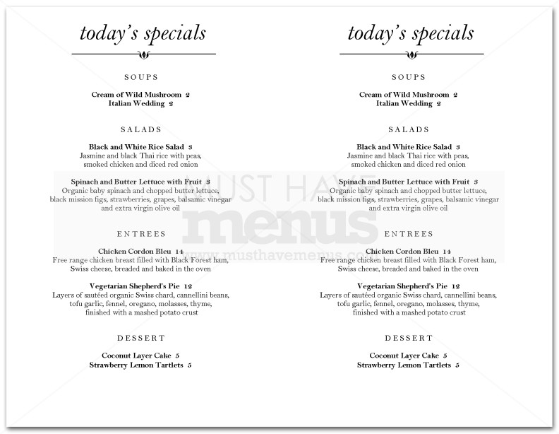 Park Cafe Specials Menu | page 1