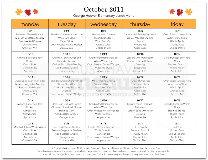 School Cafeteria Menu | page 1