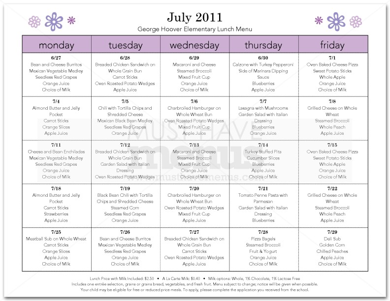 Summer School Cafeteria Menu | page 1