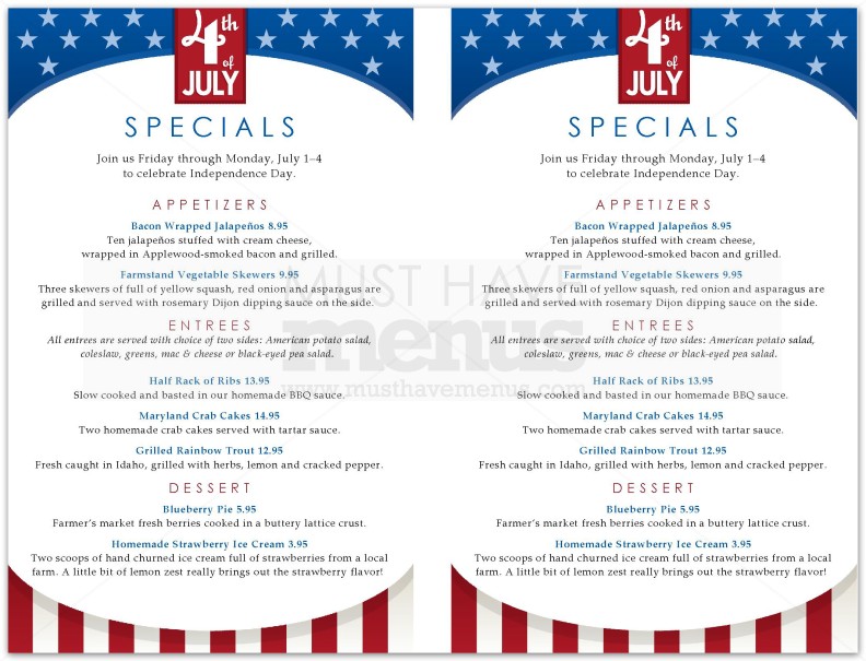 4th of July Specials Menu | page 1