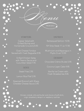 Prom Night Menu  Party Menu