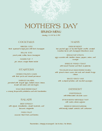 Upscale Mothers Day Menu | Mother's Day Menus