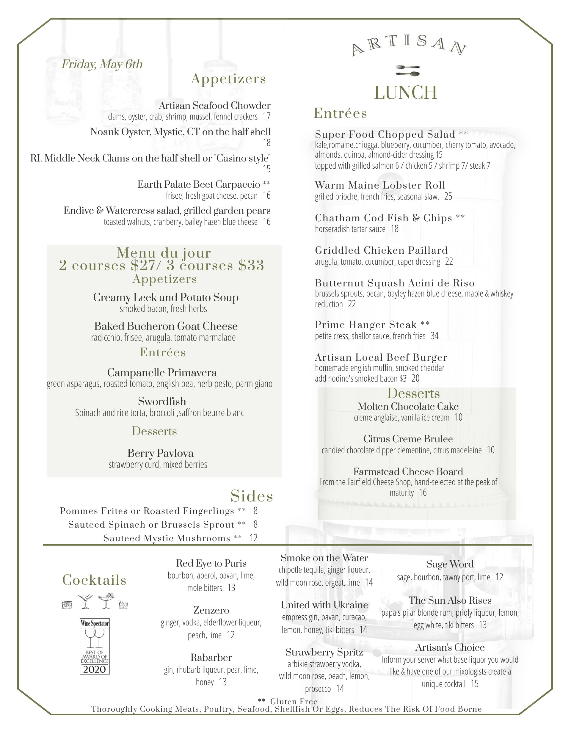 Artisan WEHA New lunch menu 4/29